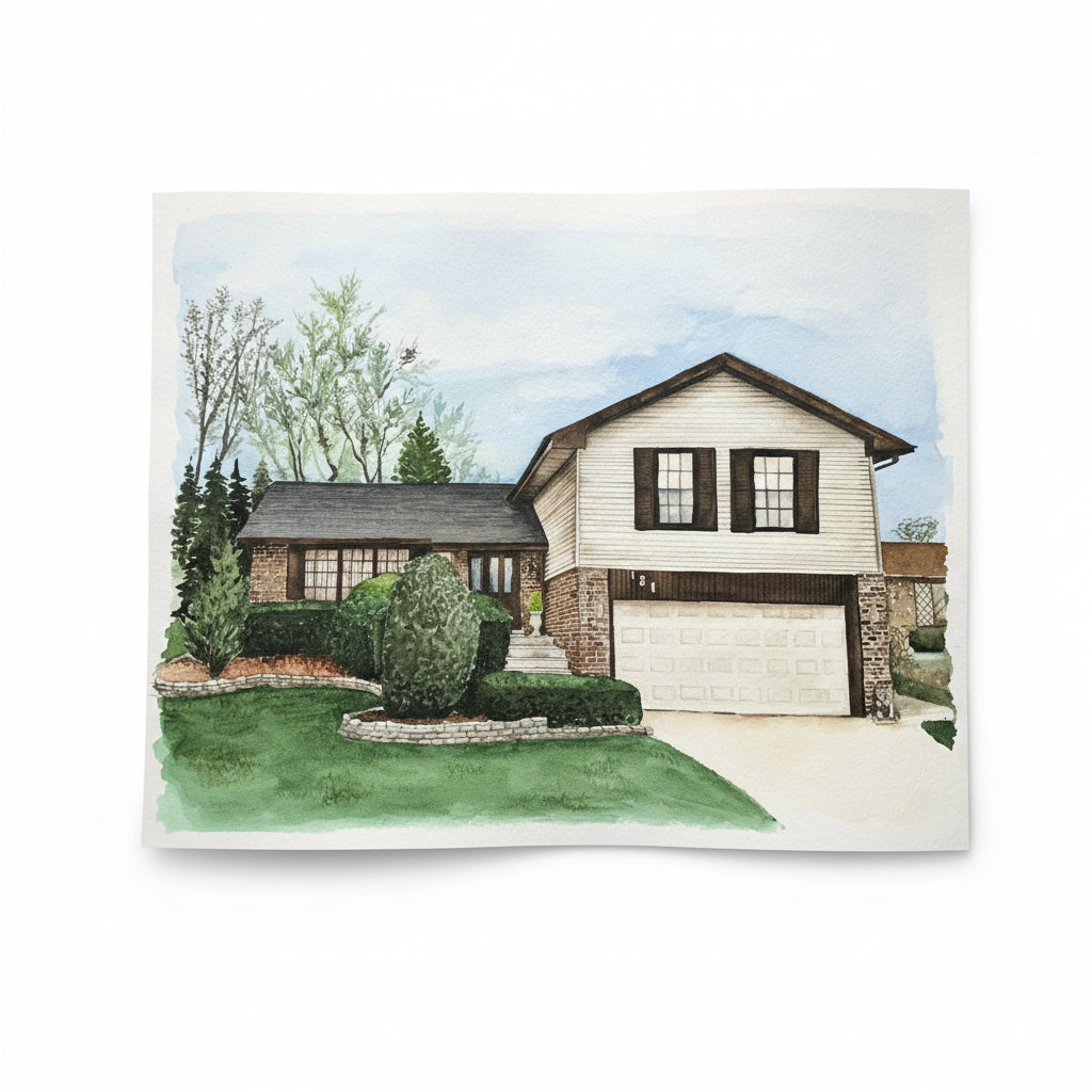 Watercolor painting of a house on a wooden surface with paint palette and brushes.