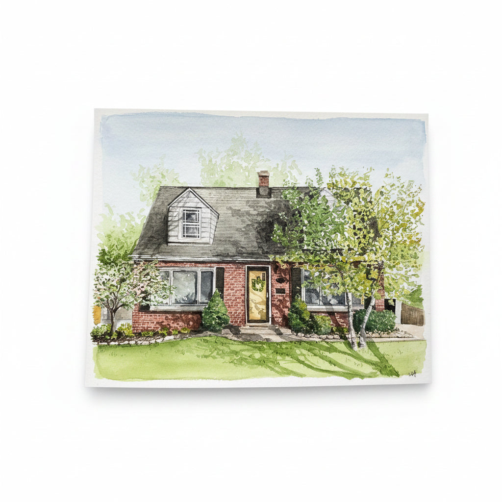 Painting of a house with a green lawn and trees on a white background