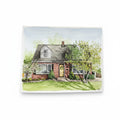 Painting of a house with a green lawn and trees on a white background