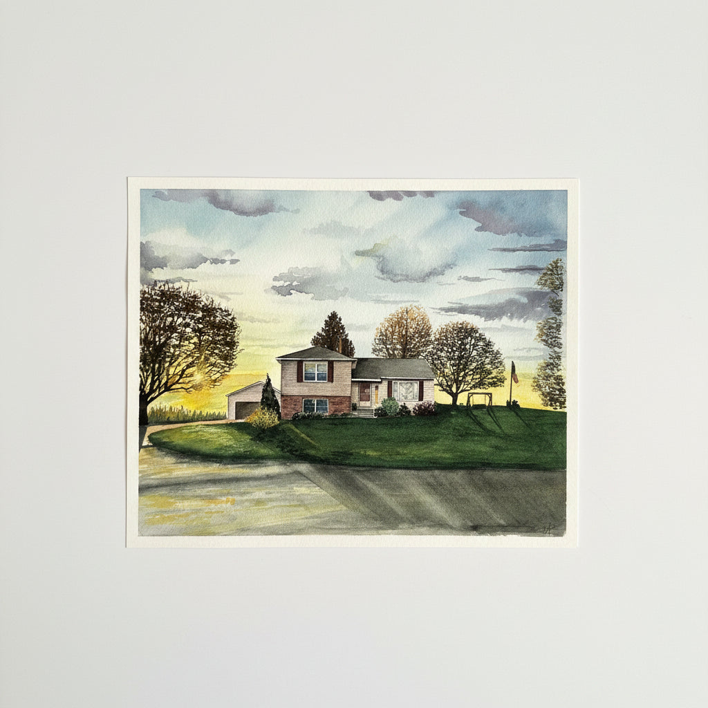 Small painting of a house with trees and a cloudy sky on a textured surface.